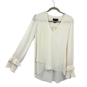 Karen Kane Chiffon V Neck Top Size Small Soft White Long Sleeve Ruffle Cuffs